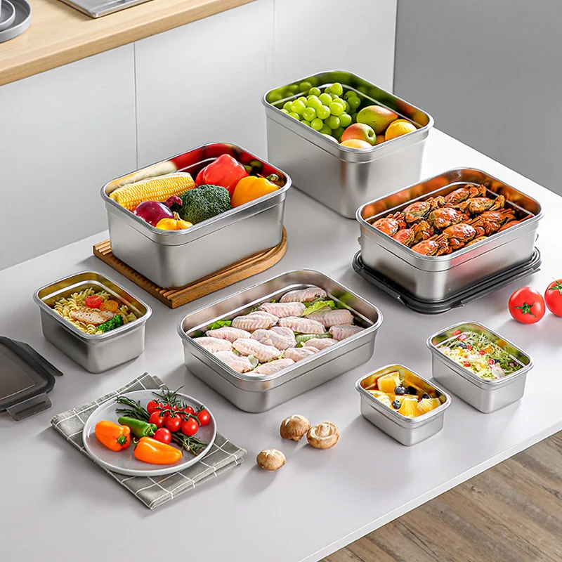 Airtight 304 Stainless Steel Food Storage Contaniner Portable Lunch Box Refrigerator Sealed Crisper Picnic Food Metal Bento Box