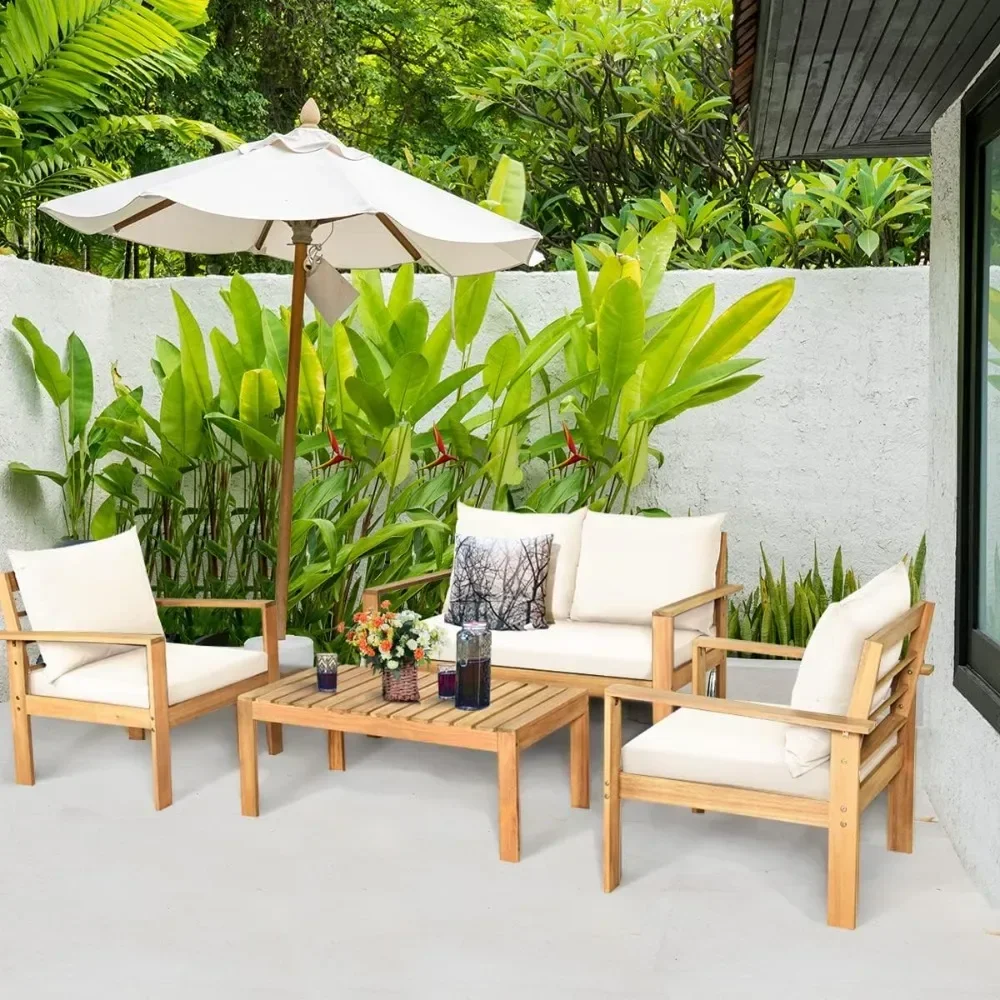 Outdoor 4-Piece Acacia Wood Chat Set, 4 Seater Acacia Wood Conversation Sofa and Table Set with Water Resistant Cushions