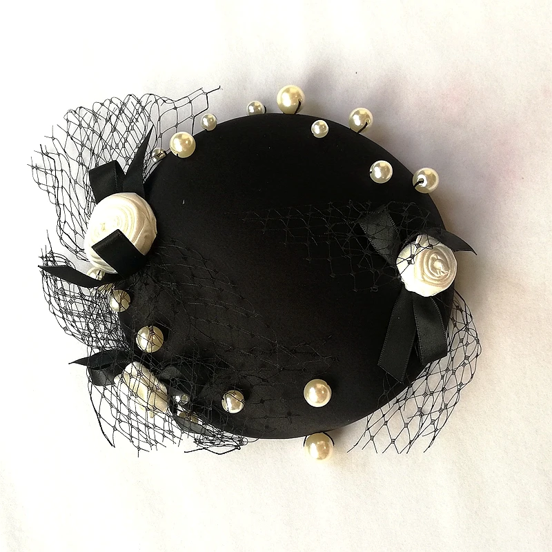 Black Satin Vrouwen Hoed Voor Wedding Event Witte Parels Prom Avond Party Haar Accessoires Voor Meisjes Novia Accesorios