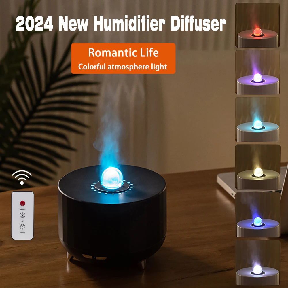 2024 New Simulated Flame Aroma Diffuser Essential Oils Air Humidifier Diffuser with 7 Colorful Lights Remote Control for Home