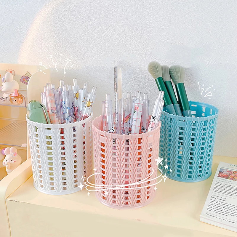 Creative Rattan Plastic Pen Holder Multi-functional Hollow Boxes Desktop Office Stationery Bucket Pencil Container Storage Box