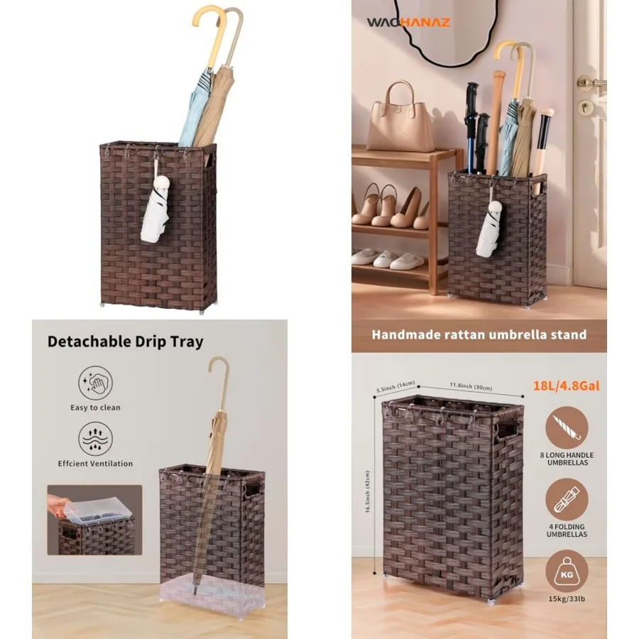 

Rattan Umbrella Stand, Umbrella Holder for Entryway, Hand Woven Umbrella Rack Organizer Freestanding, with a Detachable Drip Tr