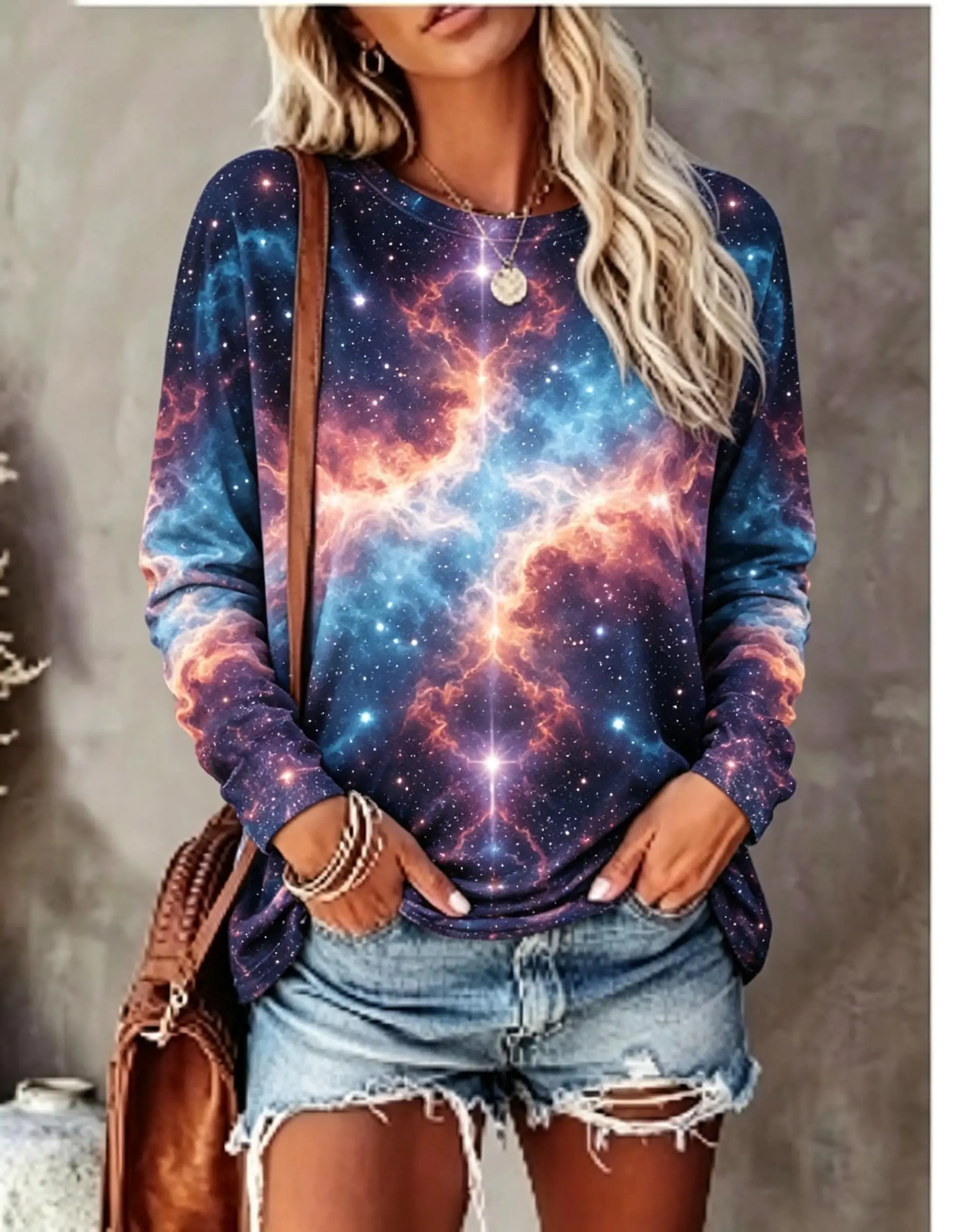 Women Long Sleeve T‑Shirt Galaxy Nebula Space Universe Star Print Crew Neck Casual Fall Tops