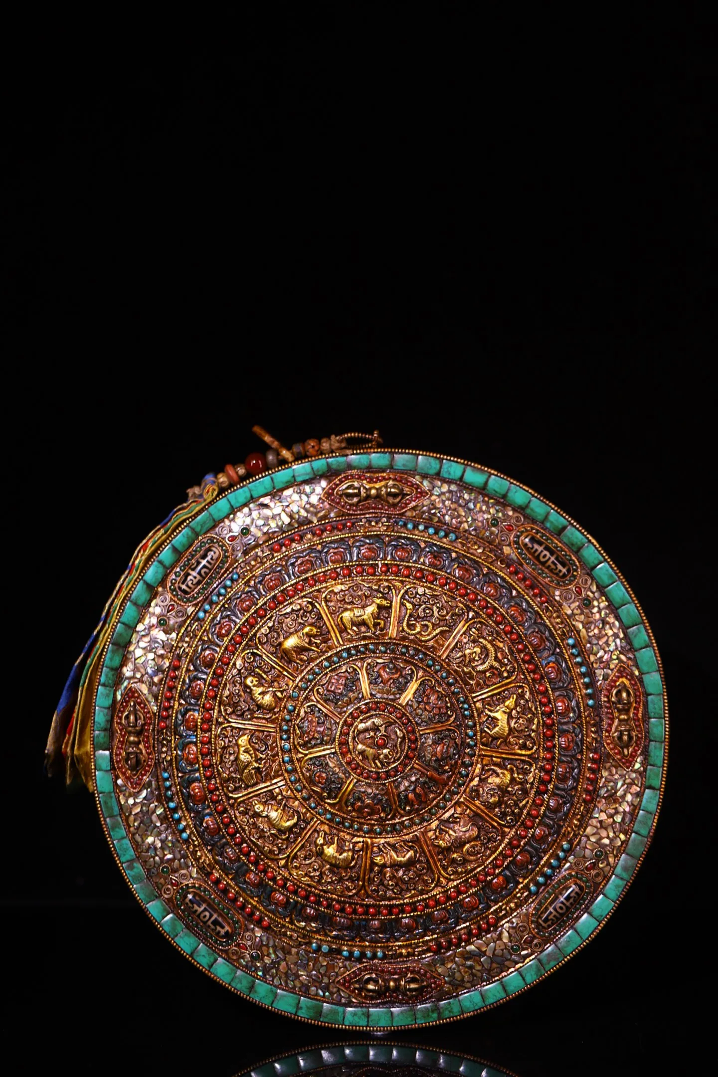 Old Tibetan silver Gilded Mosaic Gem gZi Beads 12 Zodiac Patterns Lucky Eight Treasures Tangka hanging panel Worship Hall