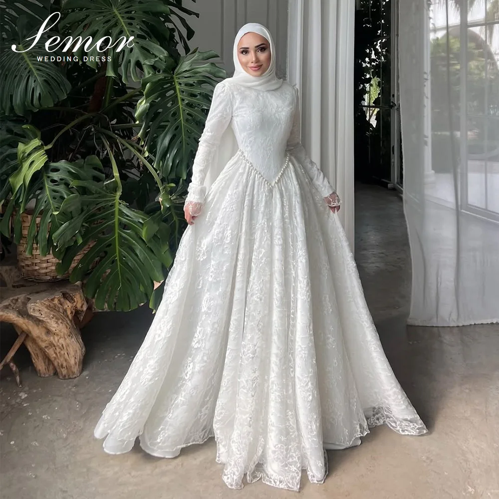 Semor Elegantes Muslimisches Hochzeitskleid mit Hohem Kragen, Langen Ärmeln, Spitze, A-Linie, Perlenbesatz, Weißes Brautkleid für Garten-Hochzeiten, Maßanfertigung