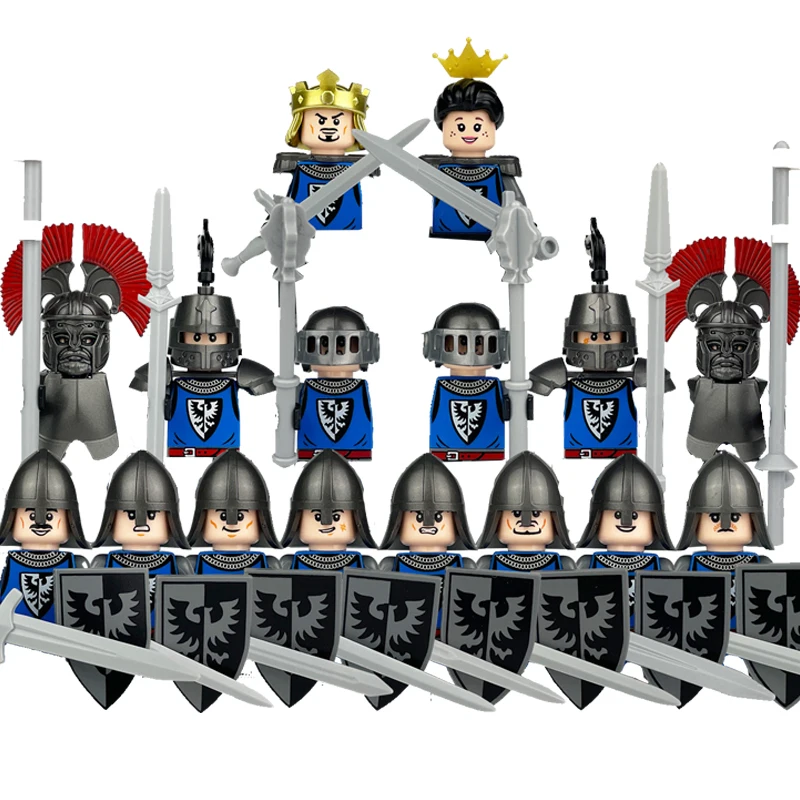 MOC-castillo Medieval de dragón verde, figuras de caballero, bloques de construcción, soldado romano antiguo, arma, escudo, caballo de guerra,