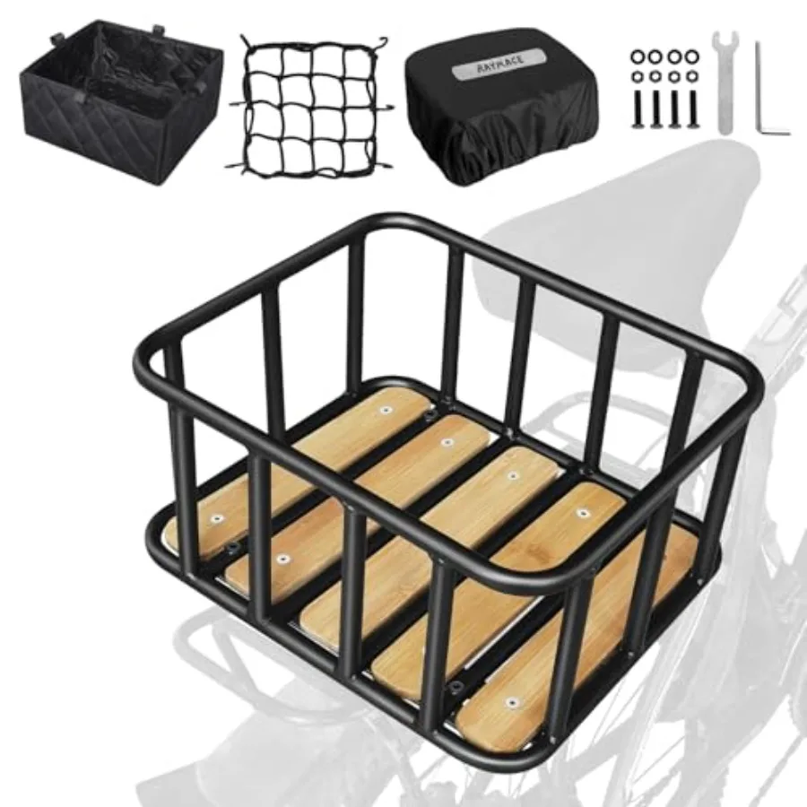 

Bike Basket Rear, Bamboo Base Bicycle Basket with Rainproof Cover, Liner and Cargo Net, Large Capacity Rear Bike Rack Baskets F