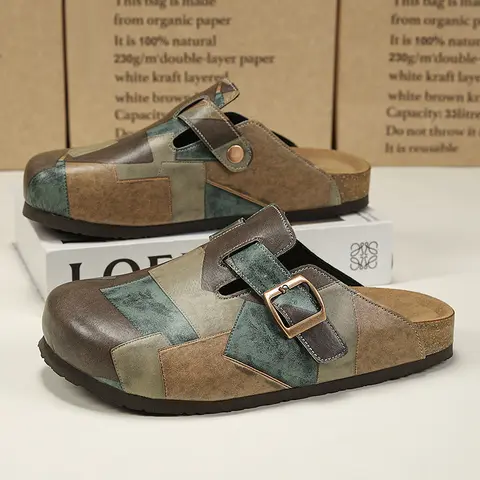 Pantoufles unisexes à bout fermé en liège, sabots à enfiler, sandales en cuir à la mode avec boucle réglable, dos nu, semelle intérieure confortable