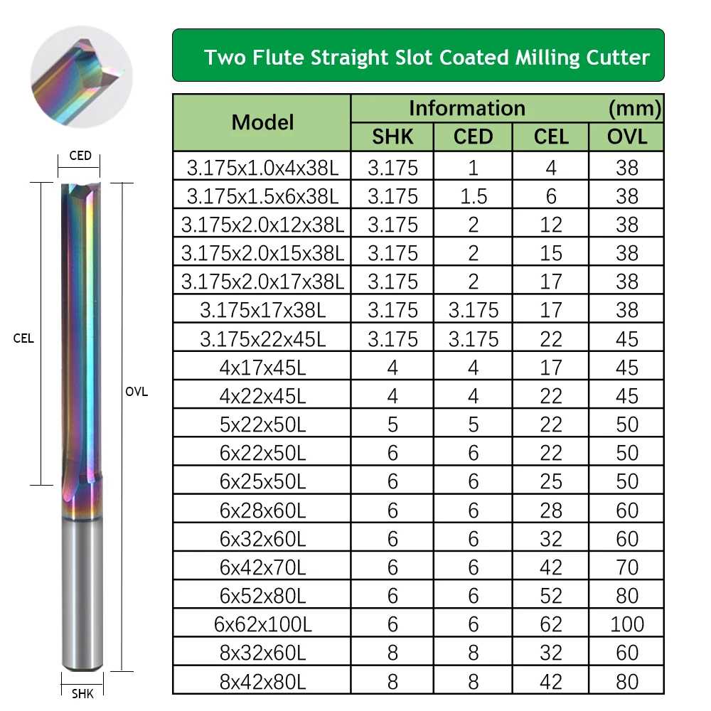 1pcs Two Flute paralle Milling Tools Straight Slot DLC Coated Milling Cutter 3.175mm 4mm 5mm 6mm 8mm Router Bit CNC Bit for Wood