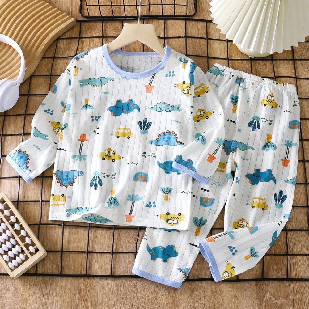 Kids Cotton Long‑Sleeve Pyjamas Set Cartoon Dinosaur Space Animal Print Soft Breathable Boys Girls Nightwear Home Loungewear