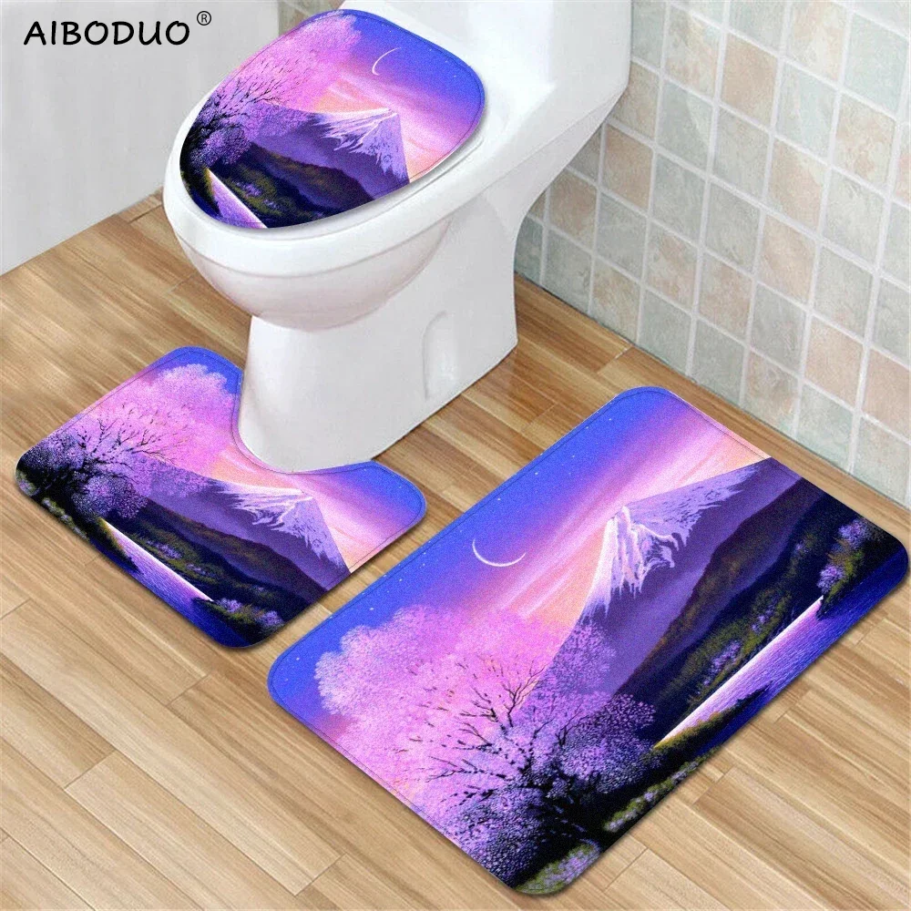 Cherry Blossom Fuji Mount Bathroom 3Pcs/set Mats Home Flannel Decorations and Accessories Floor Rugs Toilet Cover 40*60/50*80 CM