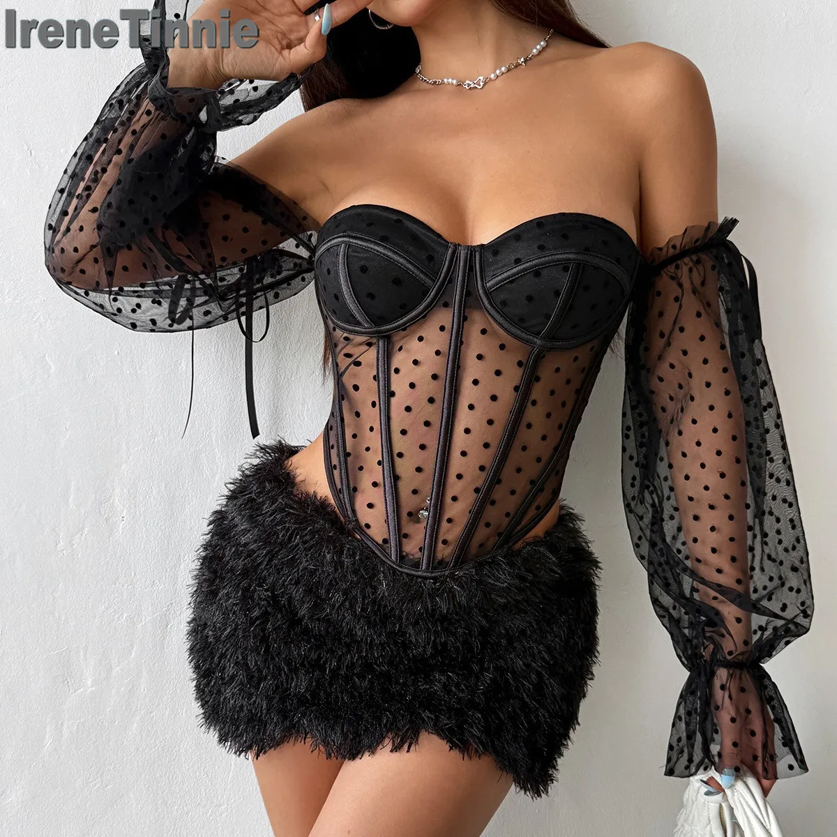 

SXTHAENOO Women Retro Blouse Off Shoulder Dot Mesh Long Sleeve Tops Slim Fit Fish Bone Lingerie y2k Shirts Roupas Feminina 2025