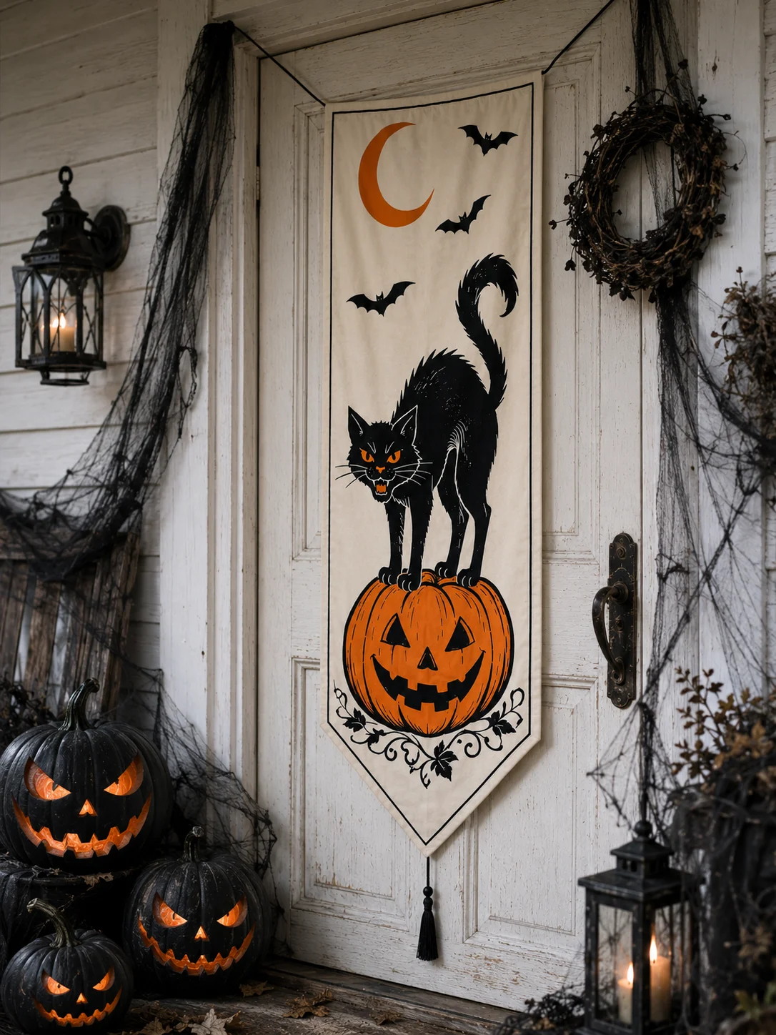Home Security Yard Sign - Vintage Halloween Vertical Door Banner Black