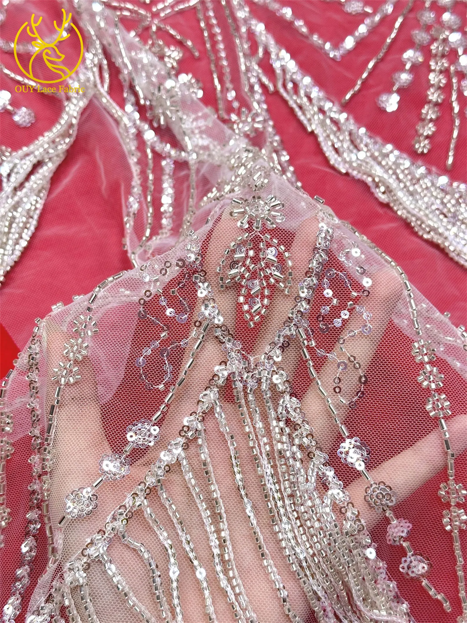 Roter 3D afrikanischer nigerianischer Perlen-Spitzenstoff, französischer Pailletten-Tüll, bestickter Spitzenstoff für Damen, Hochzeitsdekoration, Kleid, Nähen – Detail 12