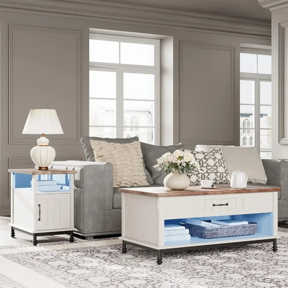 Coffee Table with Blue LED Lights, Large Rectangle Center Tables with 1 Drawers and Open Storage Shelf, Coffee Table