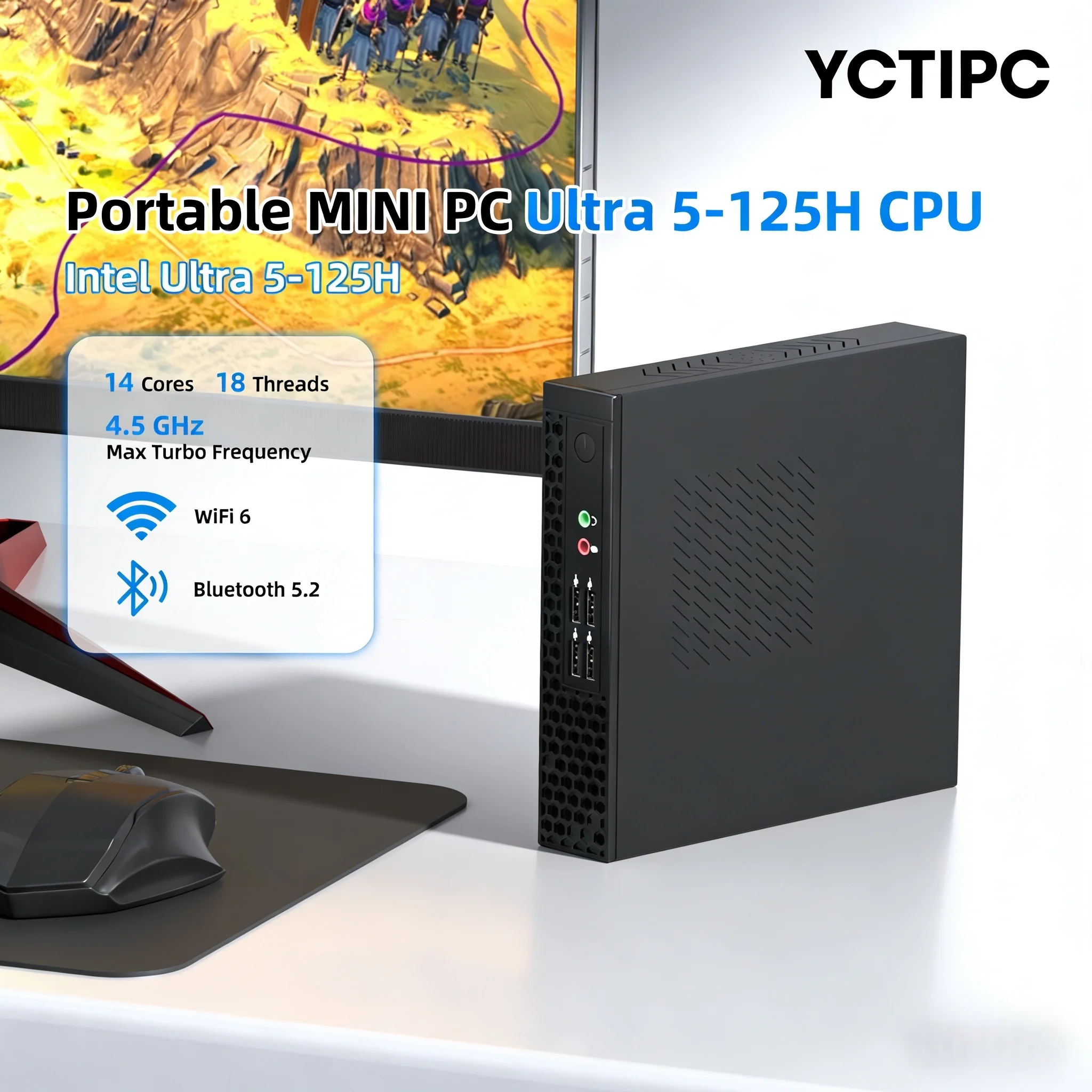 

Мини-ПК YCTipc Intel Ultra5-125H, 16 ГБ DDR5, 512 ГБ SSD, Windows 11 Pro, Wi-Fi 6, BT 5.2, портативный настольный мини-компьютер
