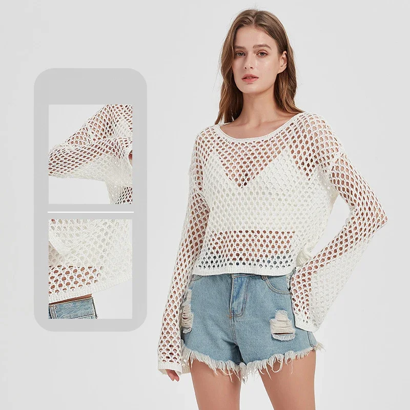 

Original Hollow Out Design Knit Top Spring and Summer Women Loose Elastic Base Flared Sleeves Beach Vacation Breathable Knit Top