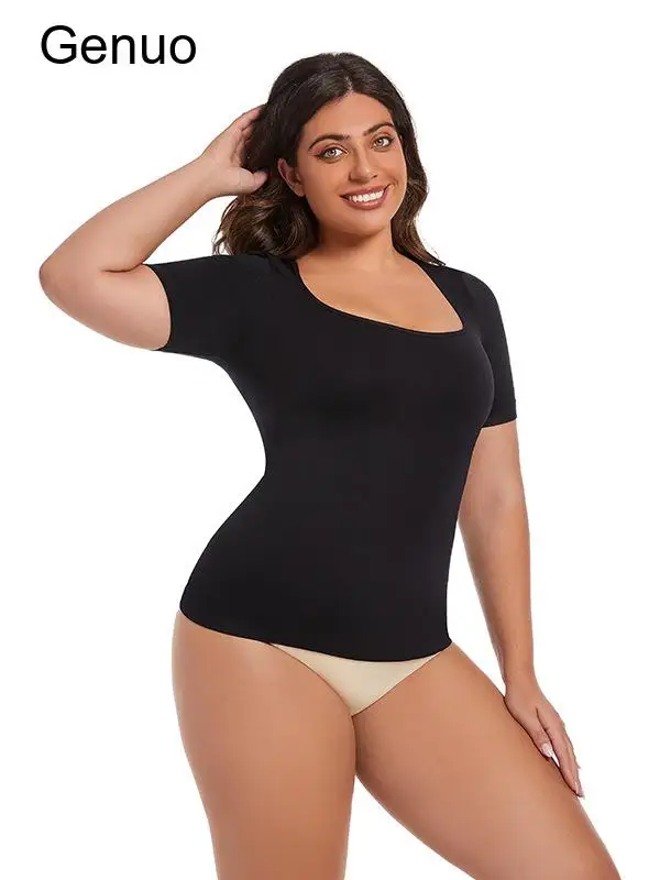 2026 Women Plus Size Seamless Shapewear Crop Top Short Sleeve Slimming Tummy Control Casual Basic Tee