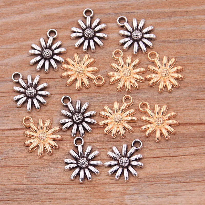 30PCS 12X15mm 2 Color Sun Flower Charms Daisy Plant Pendants Handmade Decoration Vintage For DIY Jewelry Making Findings