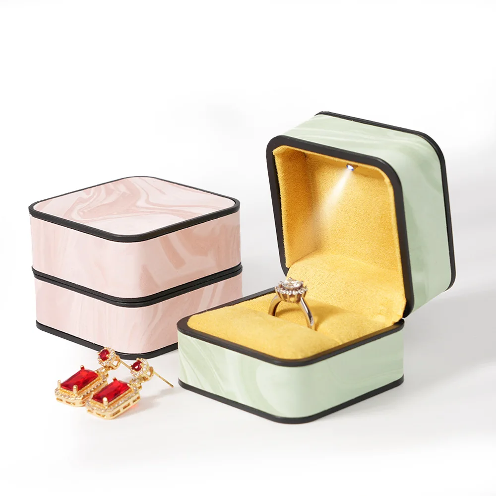 

LED Jewelry Box Ring Necklace Storage Case Marble Pattern Velvet Lined Square Organizer for Engagement Proposal