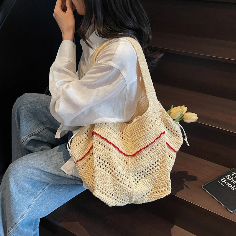 

Large Knitted Women's Bag Knit Eco Bag Korean Shopper Y2K Crochet Rope Shoulder Bag Sweet Knitting Handbag Chic Tote Bag Beach