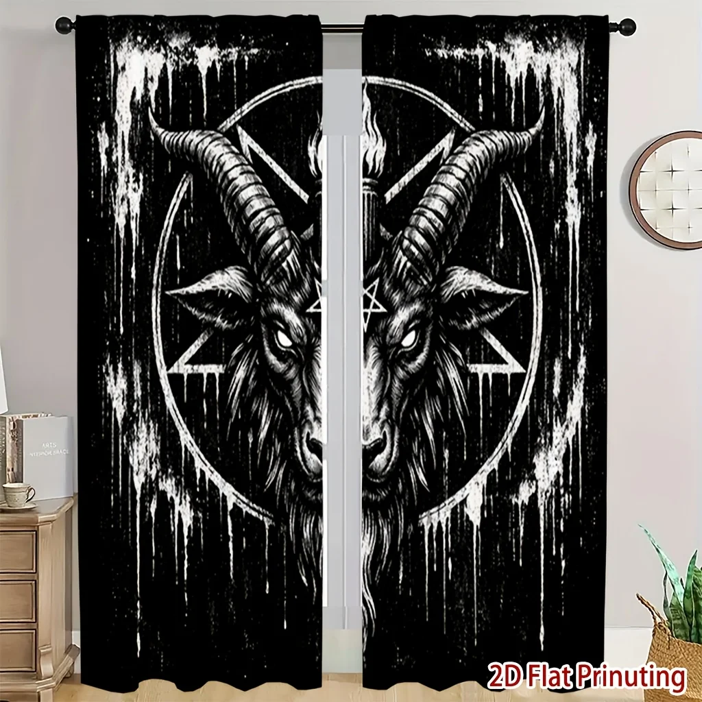 Dark Occult Curtain Panels, Horned Goat Head Dripping Paint Mystic Graphic Gothic Art Pattern Drapes for Living Room Home Decor