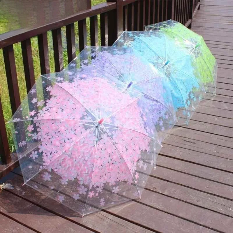 

Transparent Long Handle Sakura Patterned Umbrella Children's School Bag Essential Princess Fairy Bird Cage Shape Rain Umbrella