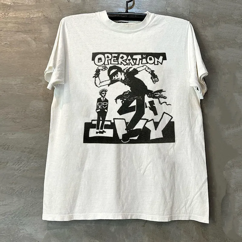 Operation Ivy Rock Band Black and White Comic Printed Short Sleeve T-shirt Vintage Half Sleeve Trendy