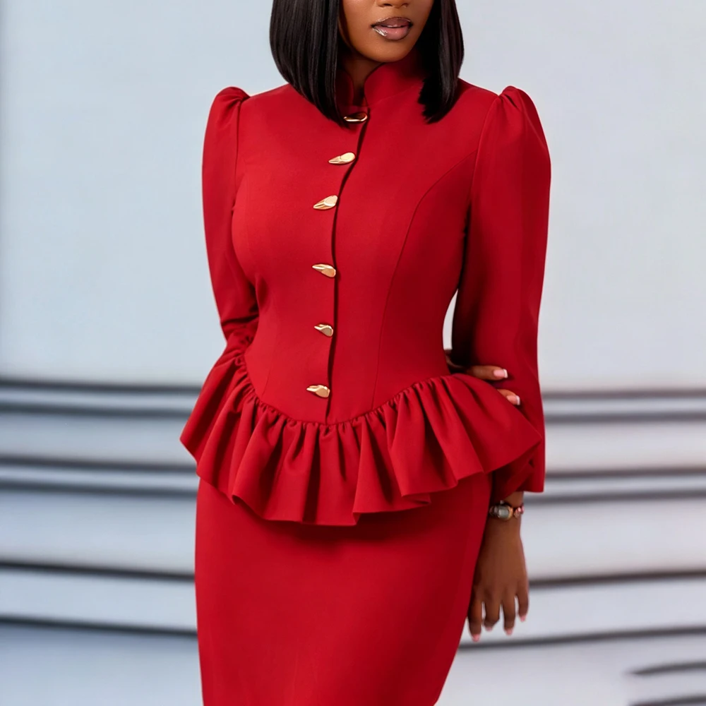 JENYAGE Damen Einfarbiges 2-teiliges Outfit mit Stehkragen, 3/4-Ärmeln, Puffärmeln und Peplum-Oberteil & Midi-Rock, formeller Büroanzug – Detail 5