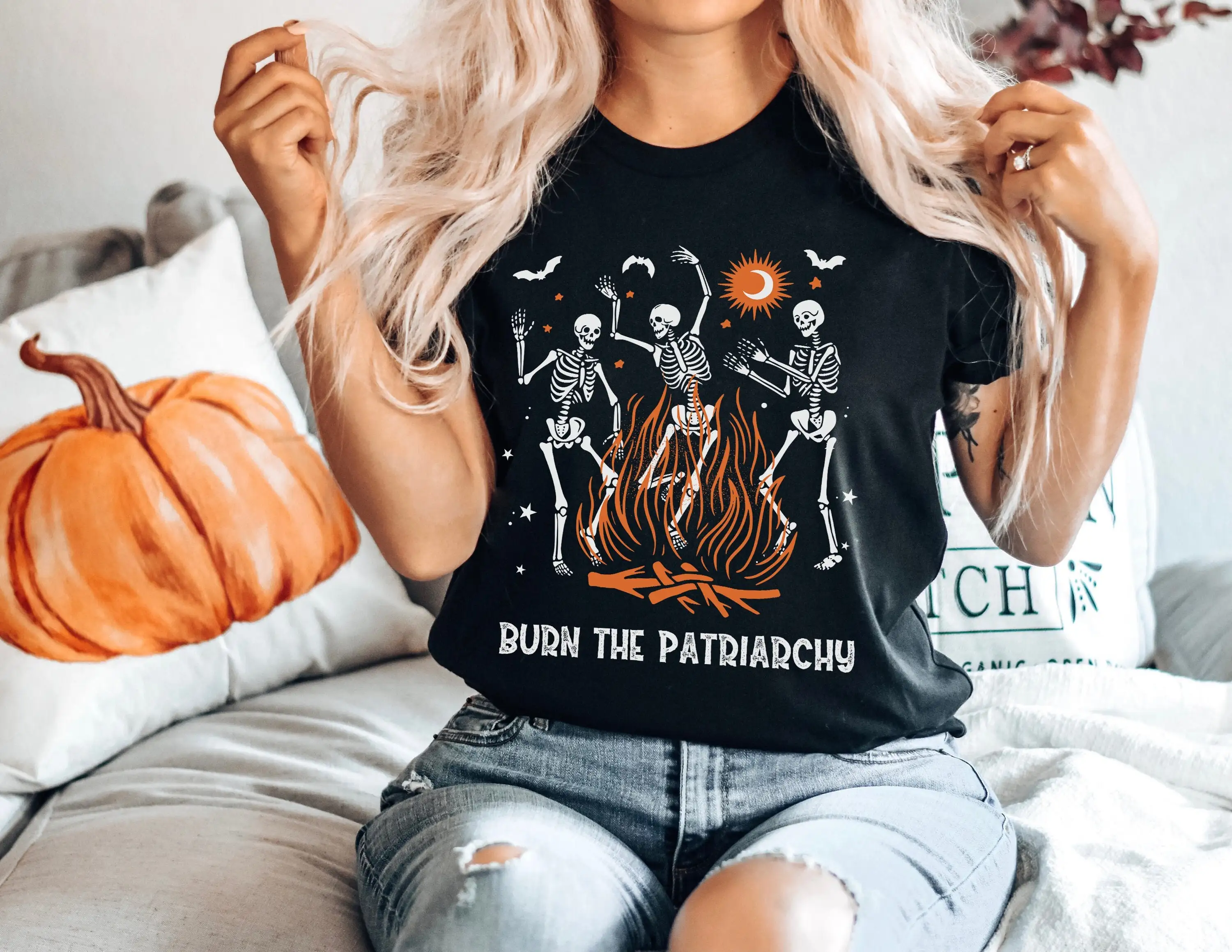 Burn The Patriarchy T Shirt Dancing Skeletons Sweater Halloween Skeleton Costume Feminist Liberal Protest Activist