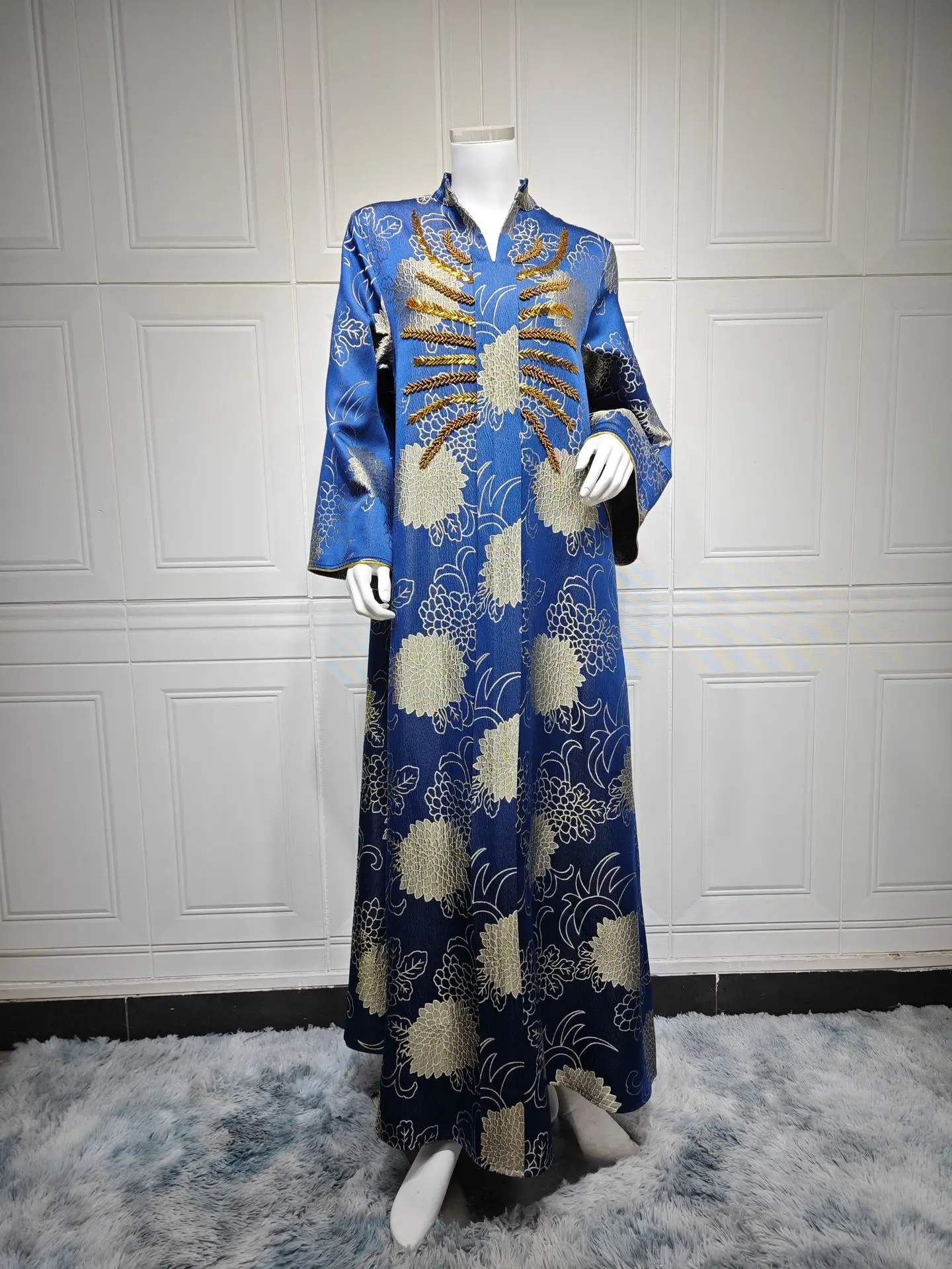 

Uni Muslim Elegant Beading Floral Print Women Evening Dress Dubai V-Neck Abaya Embroidery Kaftans