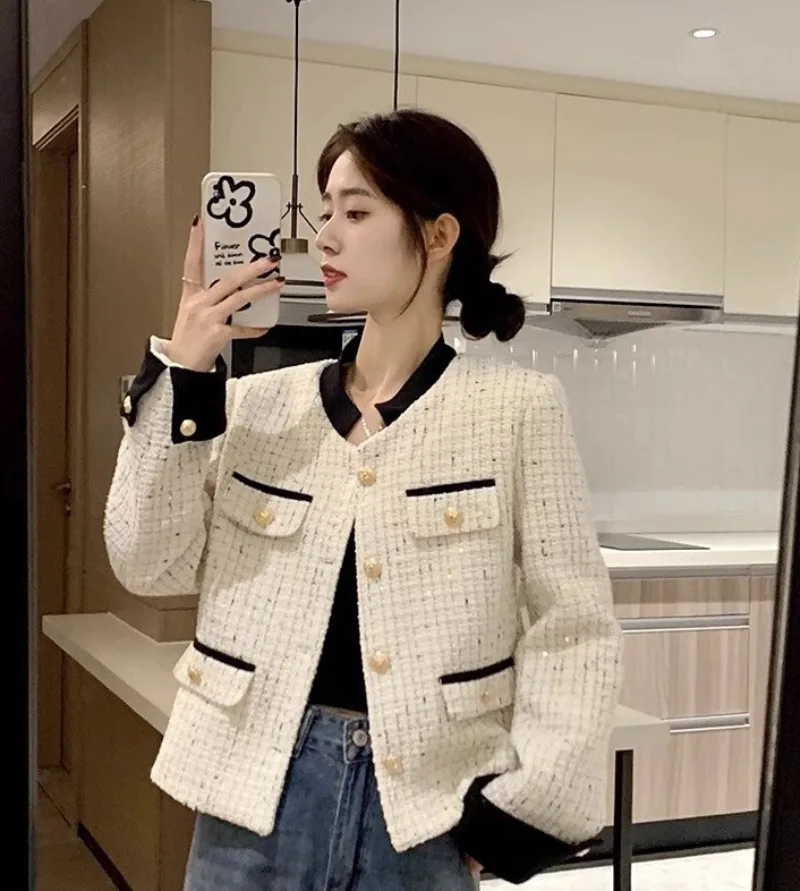 

Temperament Celebrity Stand Collar Jacket Women Fashion O-neck Contrast Color Single Breasted Gentle Sweet Spring French Coat