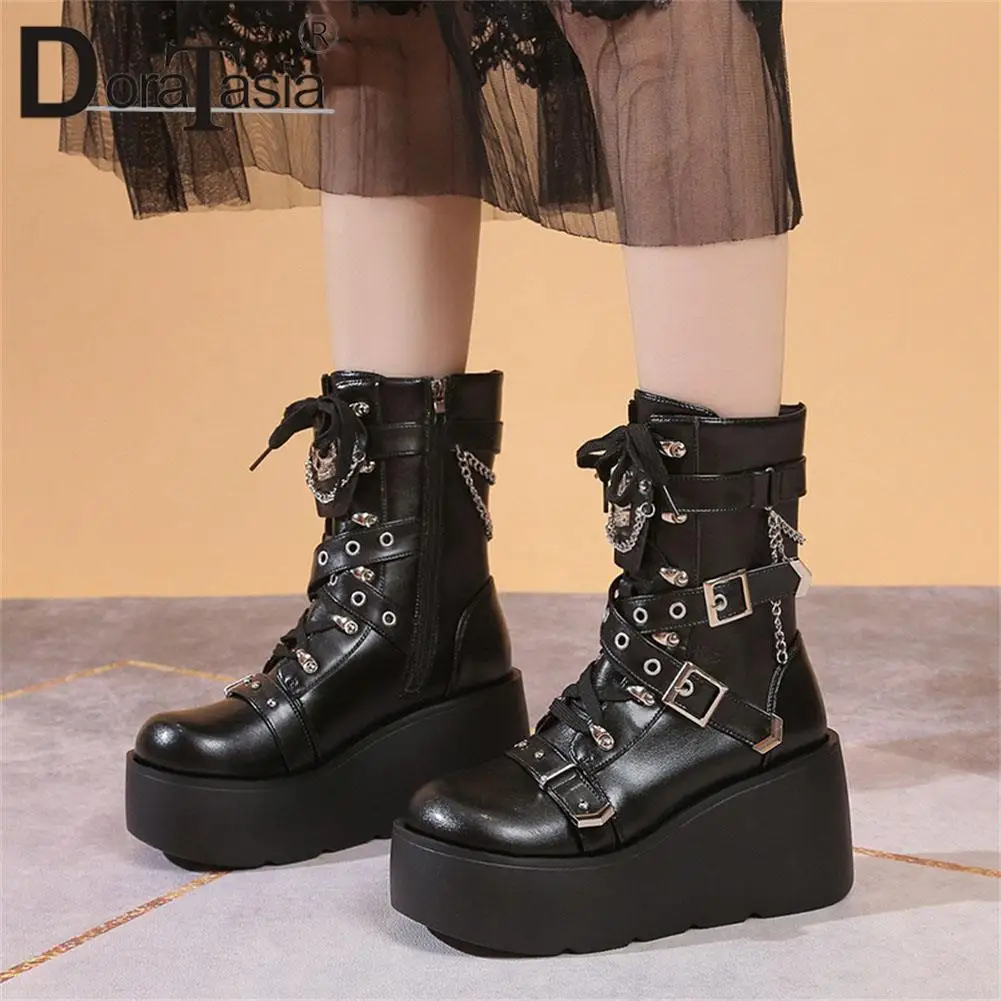 Brand New Ladies Wedges High Heels Boots Fashion Metal Decor Buckle Punk Platform Women\'s Boots Party Goth Street Woman Shoes