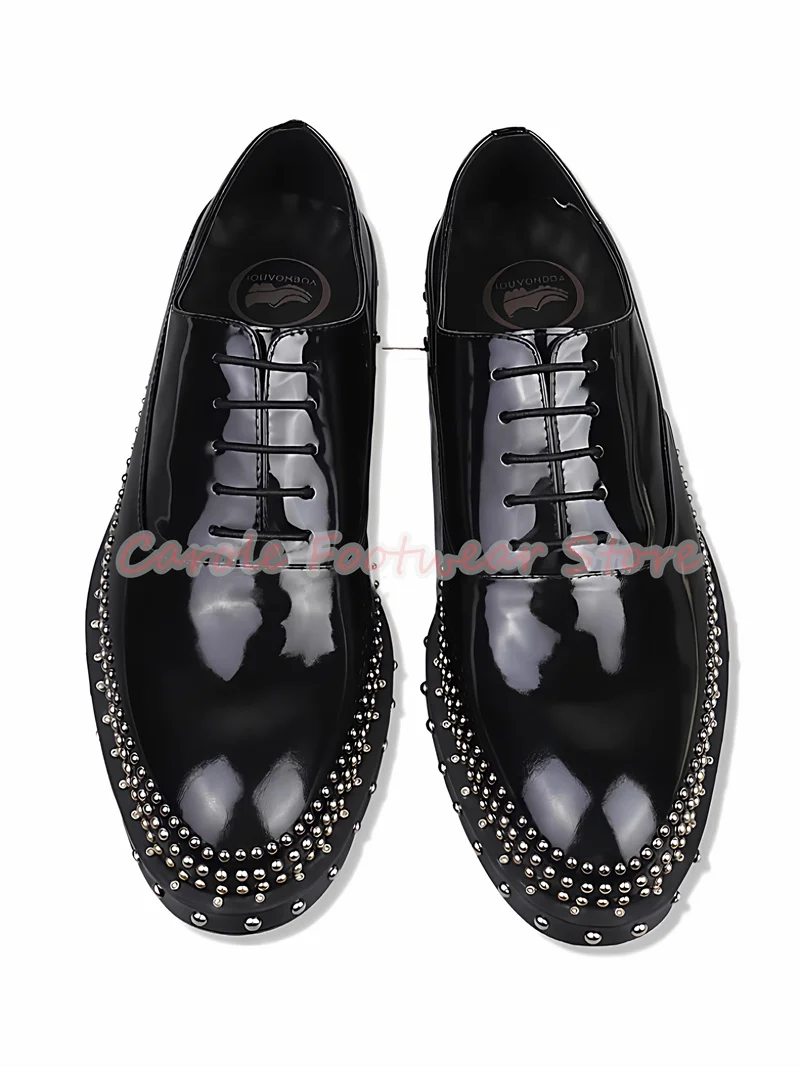 Punk Rivet Platform Chunky Heel Lace-Up Oxfords for Men Handmade Genuine Leather Business Formal Dress Shoes Male Derby Shoes - view 3