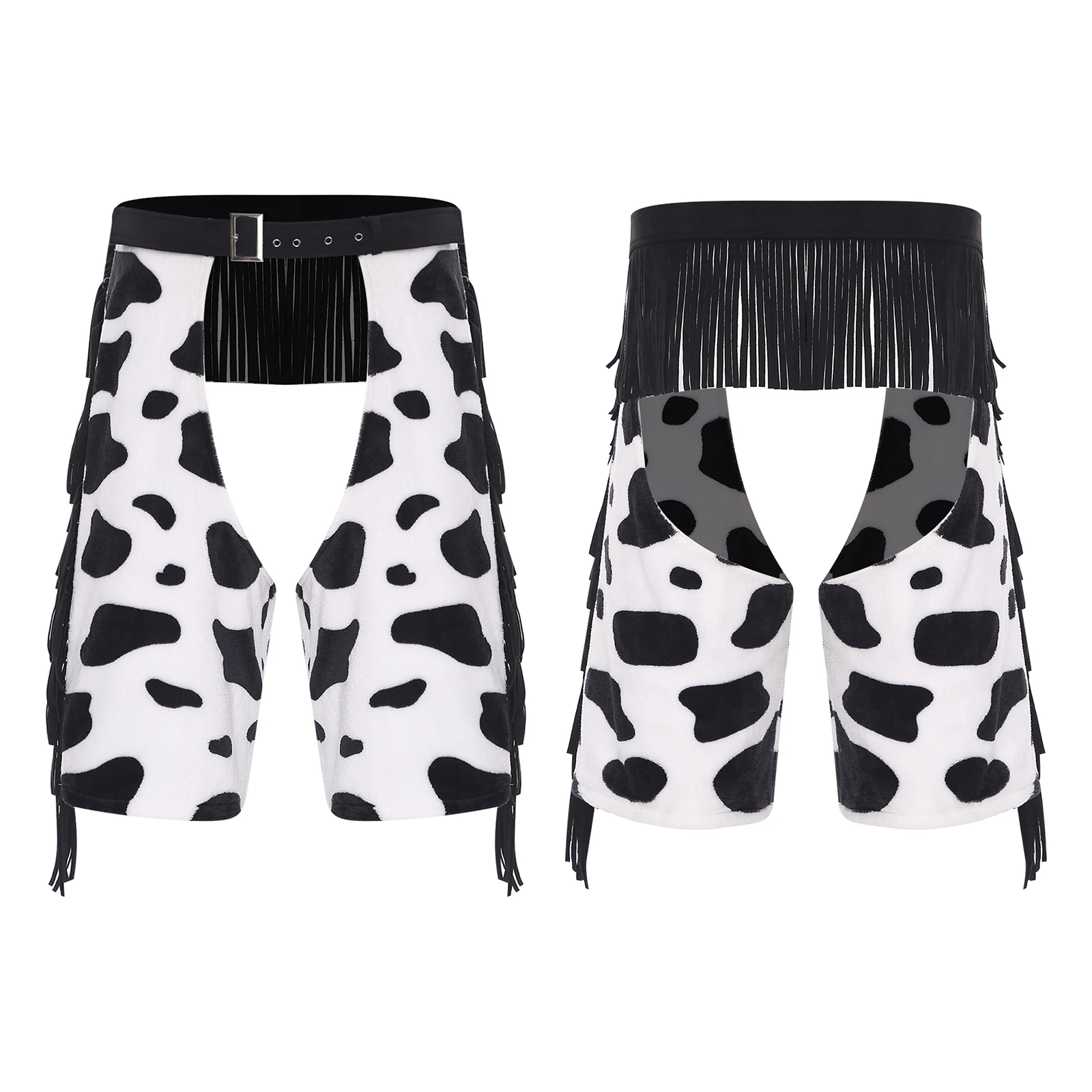 

Men Cowboy Hollow-out Crotch Chaps Tassel Fringe Shorts Cow Print Flannel Adjustable Waist Shorts for Raves Party Nightclub