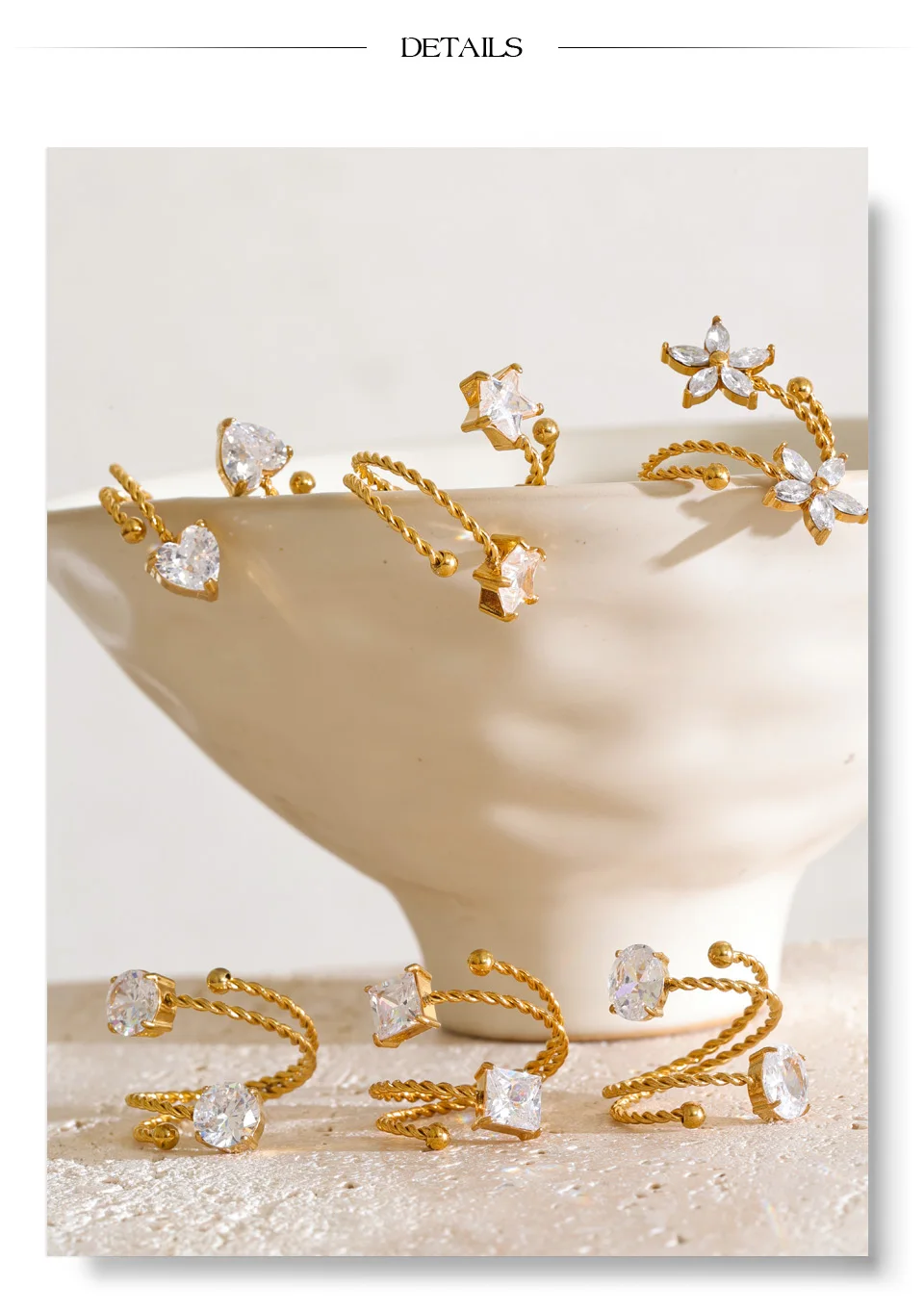 Yhpup Edelstahl Verstellbarer Manschettenring Sterne Blume Herz Zirkonia Mehrschichtig Modischer Goldener Fingerschmuck Geschenk – Detail 8