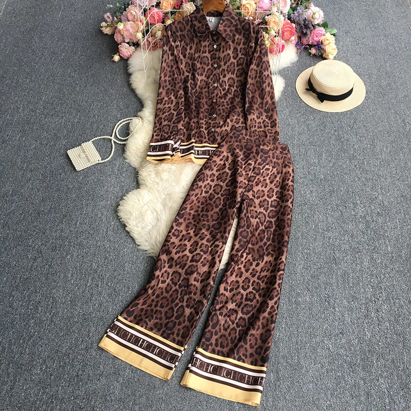 Leopard Print Silk Two Piece Sleepwear Suit Women\'s Long Sleeve Oversized Shirt Blouse Wide Leg Pants Loungewear Set Outfits