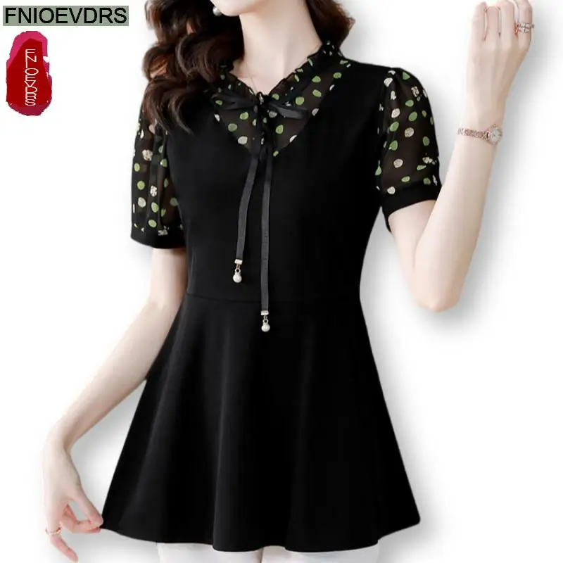 M5XL Loose Clothes 2024 Women Summer Short Sleeve Elegant Ruffles Shirts Casual Retro Tunic Peplum Bow Tops And Blouses