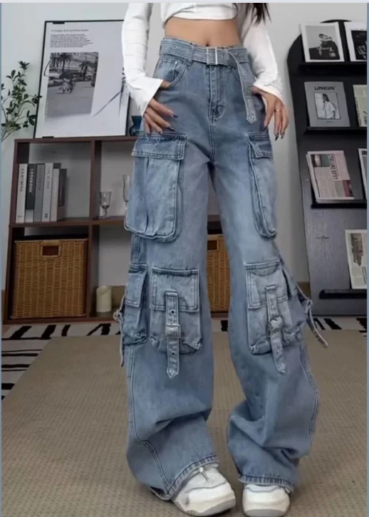 2024 Autumn Women\'s Streetwear High Waisted Distressed Loose Fit Wide Leg Jeans with Multiple Pockets