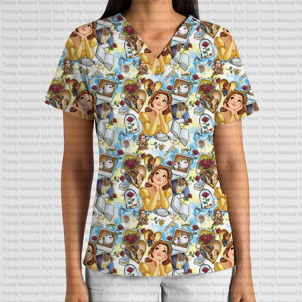 New Fashionable Women's Work Uniform Wear-Resistant V-Neck Pocket Frosted Top Disney Princess Print Elegant Beauty Salon T-shirt