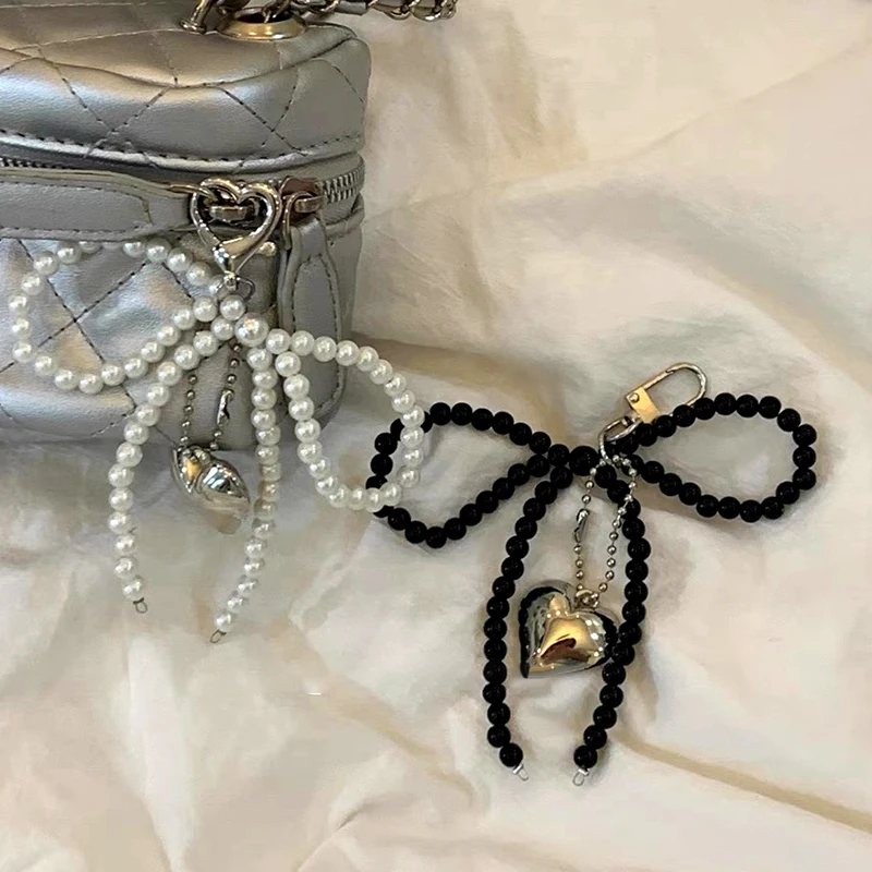 Ins Style Bowknot Beaded Mobile Phone Lanyard Three-dimensional Silver Heart Phone Pendant Headphone Case Bag Decor Car Key Ring