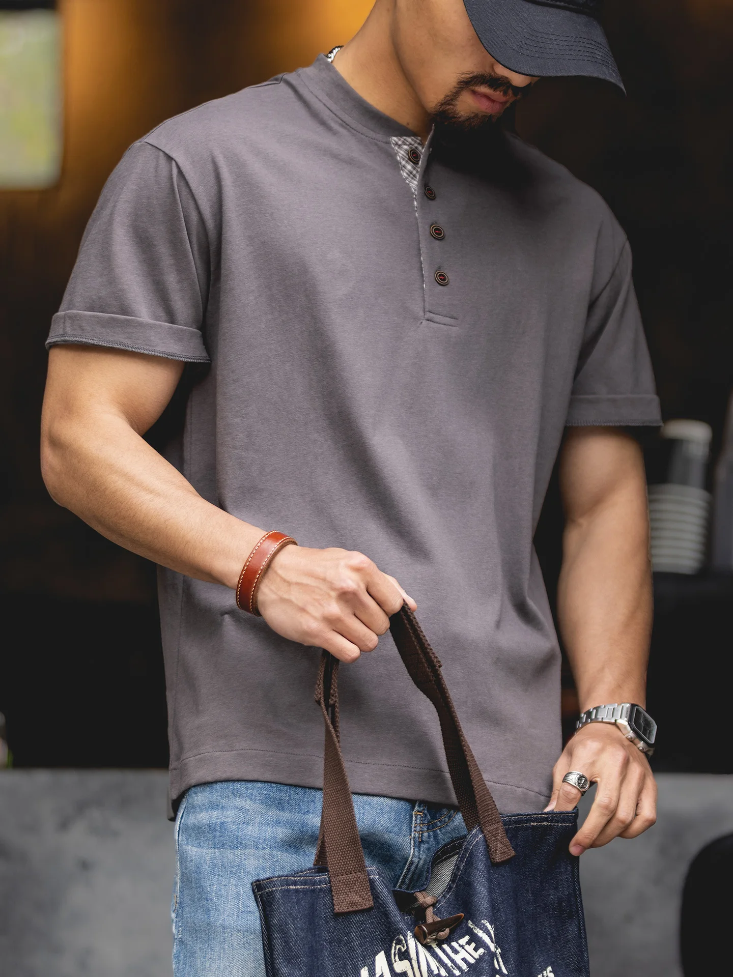 Summer 2026 Men's Loose Fit Henley Neck T-shirt Short Sleeve Plaid Contrast Color American Retro Style Cotton Polyester Blend