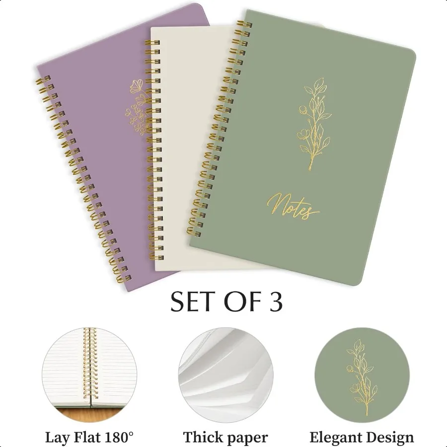 مجموعة جمالية مكونة من 3 دفاتر ملاحظات حلزونية للعمل مقاس A5 مجلة مبطنة بشكل جميل للنساء دفاتر يومية مسطرة للكلية P #3