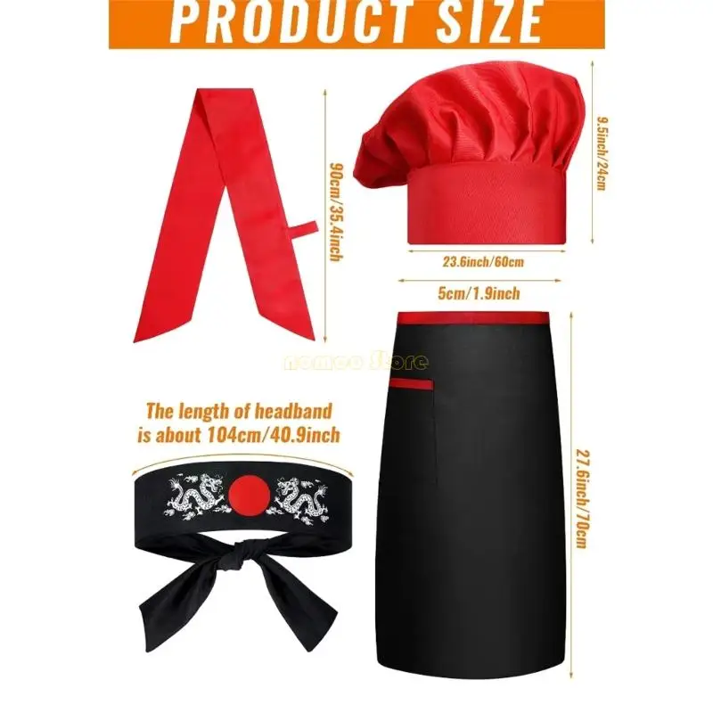 31BF Hibachi Chefs Kostümzubehör Teppanyaki Hohe Kappen Schürze mit Stirnband Krawatte für Cosplay Halloween Dressing Party