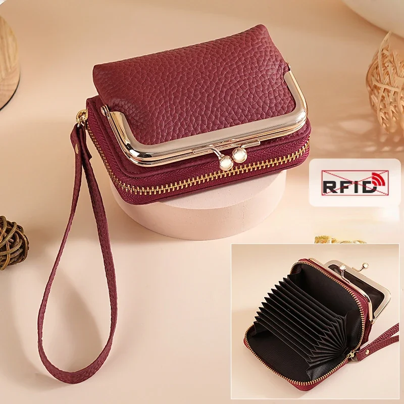 Credit Card Holder Coin Purse Wallet for Women Genuine Leather Zipper Small Kiss Lock Change Purses with Wrist Strap