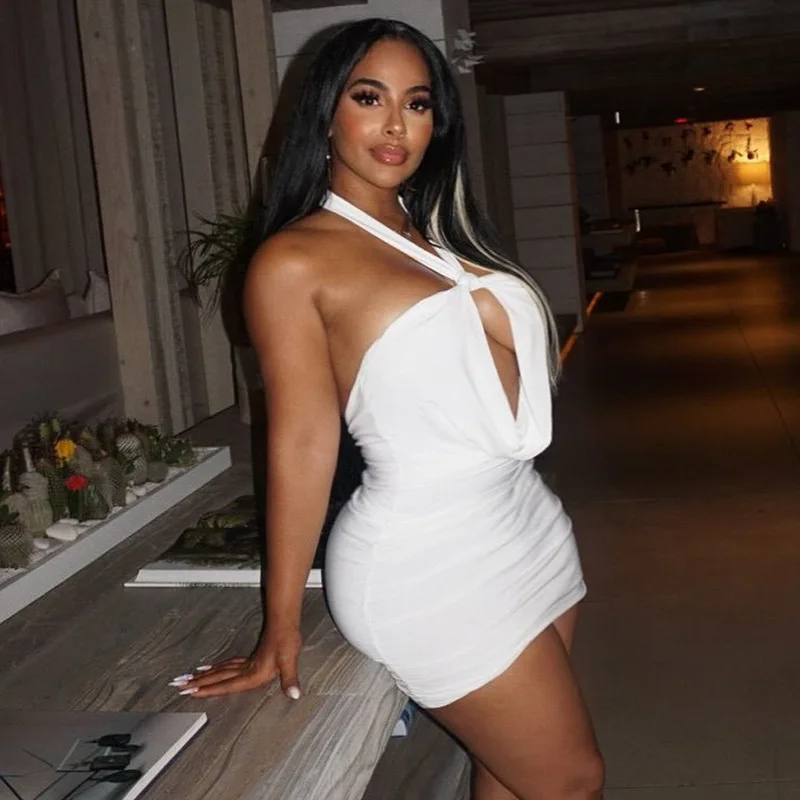 Women's Solid Color Cross-hanging Neck Swinging Neck Halter Back Shrinkle Y2K Dress sexy night club party dresses Plus Size 9XL