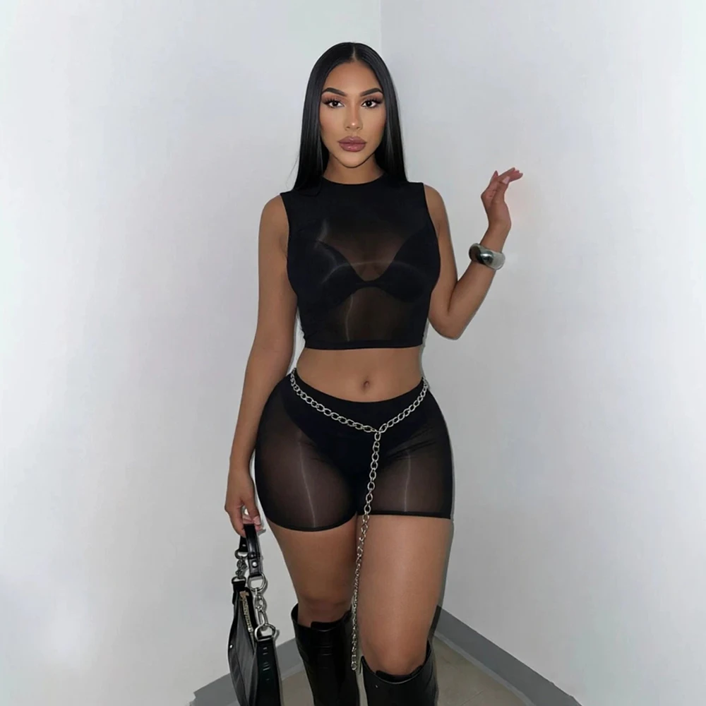 Damen 2-teiliges Mesh-Outfit, ärmelloses, durchsichtiges Crop-Top + Shorts-Set, sexy, durchsichtige, ärmellose, figurbetonte Clubwear, passende Sets – Detail 1