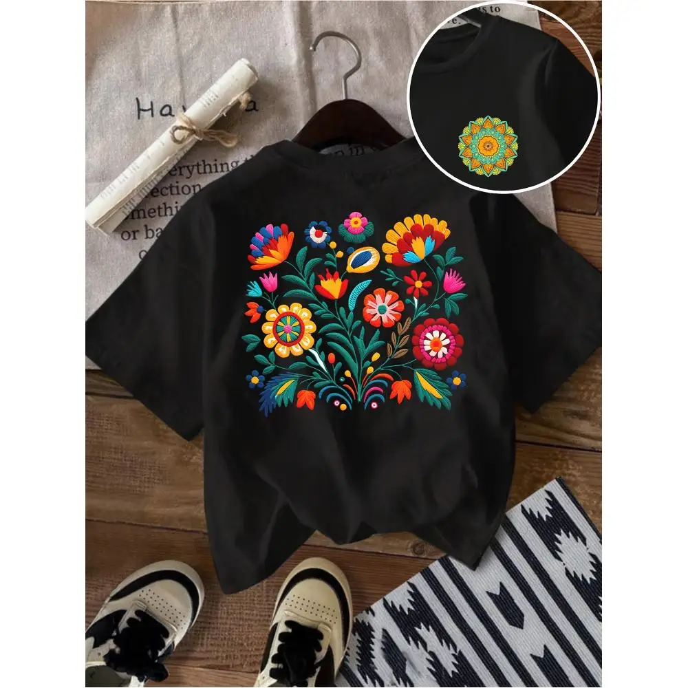 Ladies Light Gray Casual Crew Neck Shirt Colorful Mexican Design Spring Summer Fashion Trendy Gift Women's Clothing Daily Wear