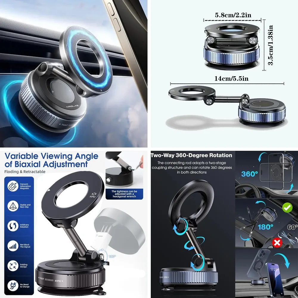 Upgrade 360° Magnetic Car Phone Holder, Adjustable Vacuum Mount for Dashboard Windshield Mirror