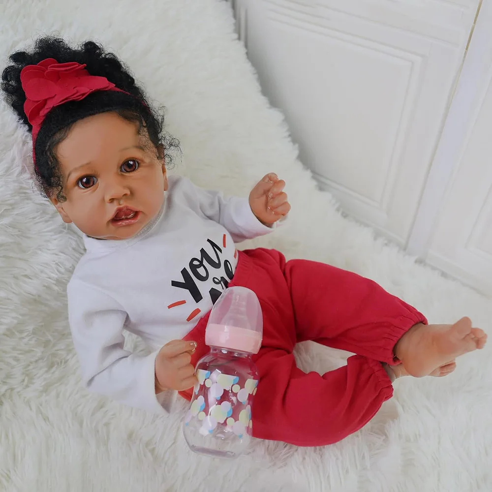 50 cm Babypuppe wie echtes Silikon, wiedergeborene Babys, afroamerikanisches Mädchen, Stoffkörper, verwurzeltes Haar, realistisch bemalt, Geschenk für Neugeborene
